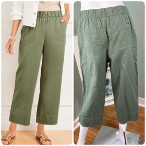 Talbots Pull On Wide Leg Crops Cotton Linen Sage Green Cropped Pants M Petite